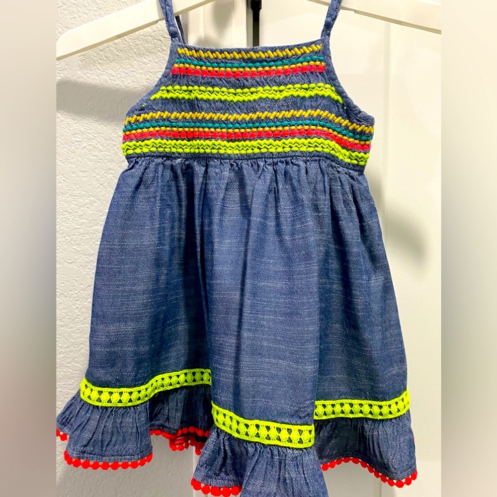 Cat & Jack Blue Orange Yellow Spaghetti Strap Lined Rick Rack Trim Sundress 2T